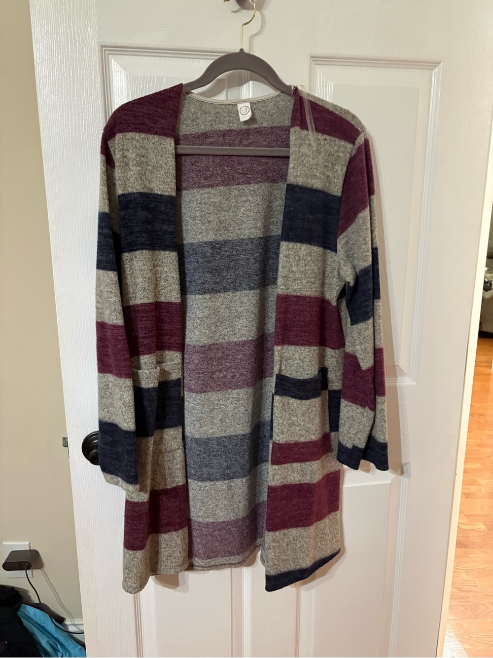 Striped Open Front Cardigan Sweater - Gray & Maroon